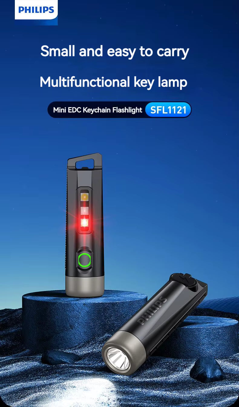 Philips SFL1121 Mini EDC Taschenlampe. Wiederaufladbar, LED, 3 Modi mit Anti-Lost-Text oder individueller Lasergravur