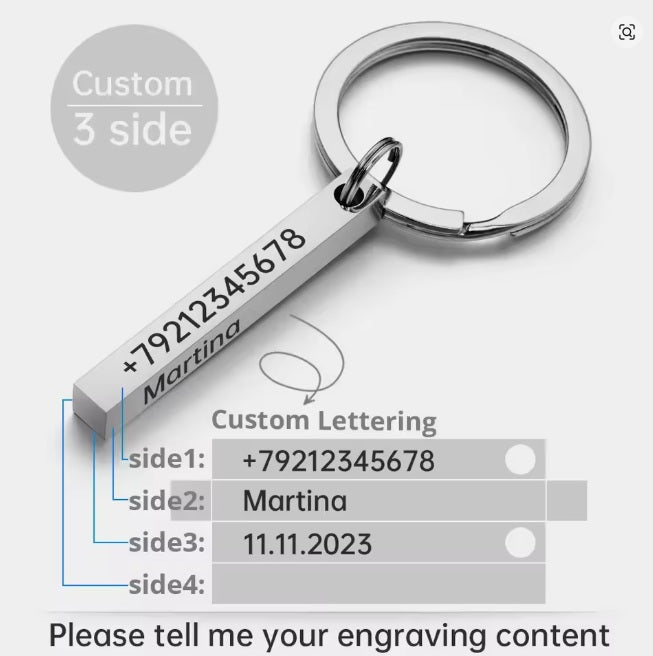 Edelstahl-Schlüsselanhänger „3D-Stab“ mit Wunsch- oder Anti-Lost-Text-Lasergravur