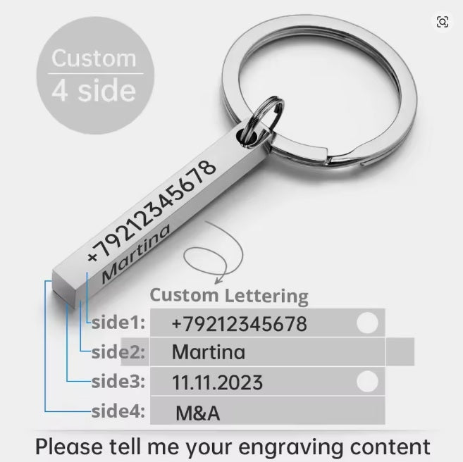 Edelstahl-Schlüsselanhänger „3D-Stab“ mit Wunsch- oder Anti-Lost-Text-Lasergravur